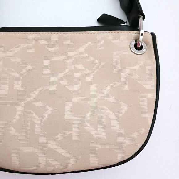 Y2K DKNY Hobo Shoulder Bag Cream Logo Fabric Dk Brown Leather Chunky Strap - Picture 2 of 8